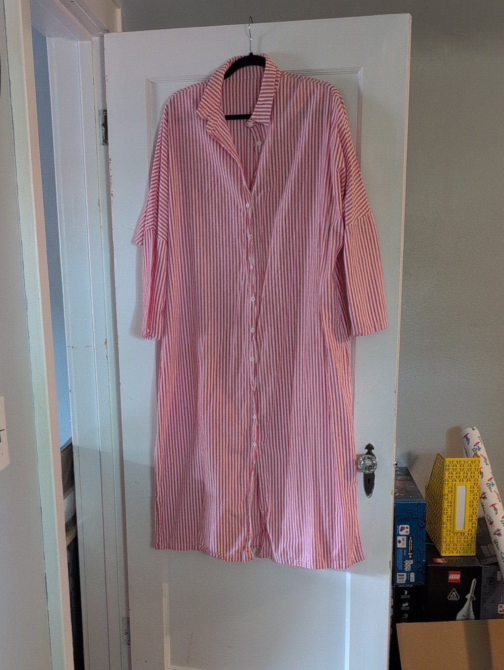 Button-Front Pink Stripe Shirt Dress